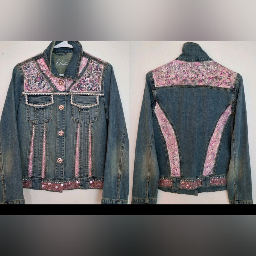 Handpainted  denim jacket with rhinestones & rhinestone buttons.
